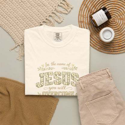 In the name of Jesus You Will Overcome T-Shirt – Floral Christian Faith Tee