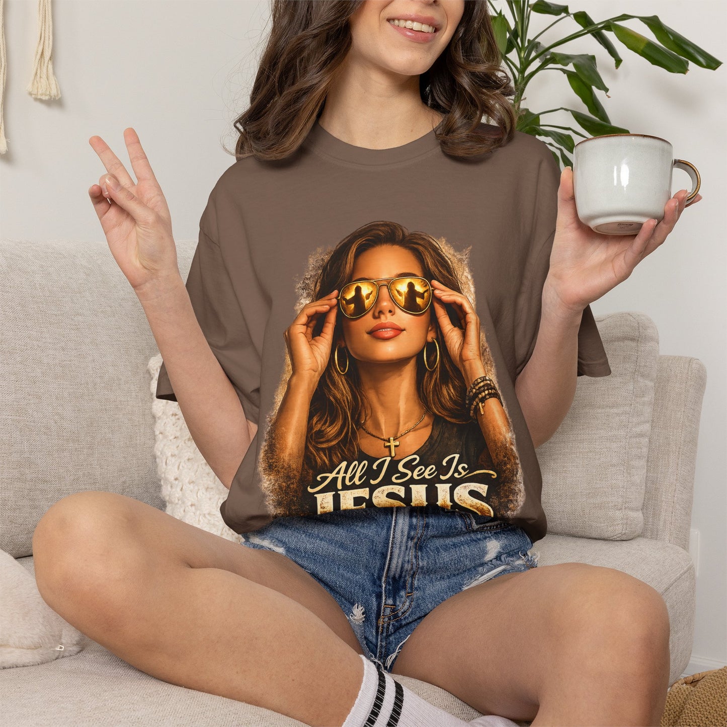 All I See Is Jesus T-Shirt — Faith Graphic Tee with Sunglasses Woman