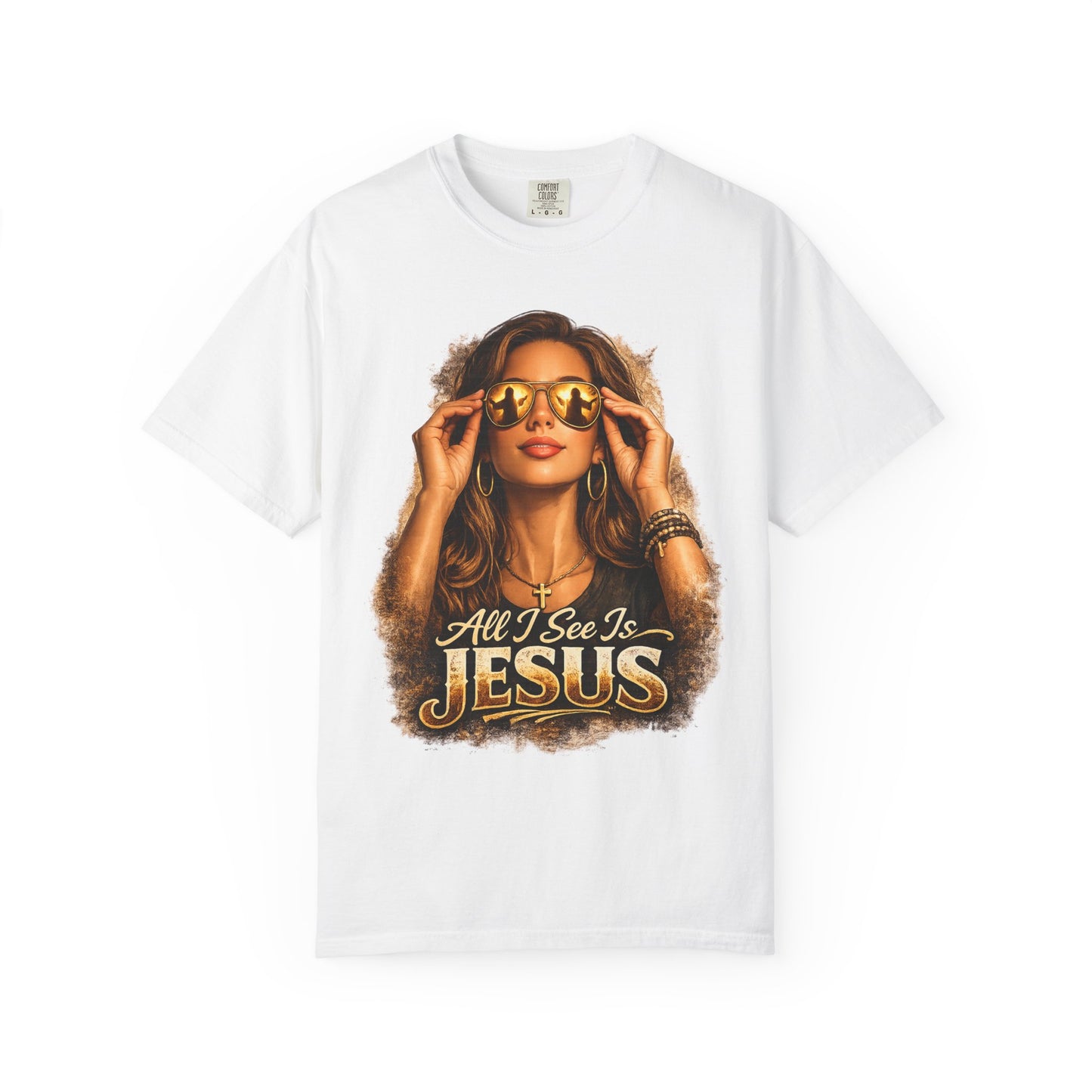 All I See Is Jesus T-Shirt — Faith Graphic Tee with Sunglasses Woman