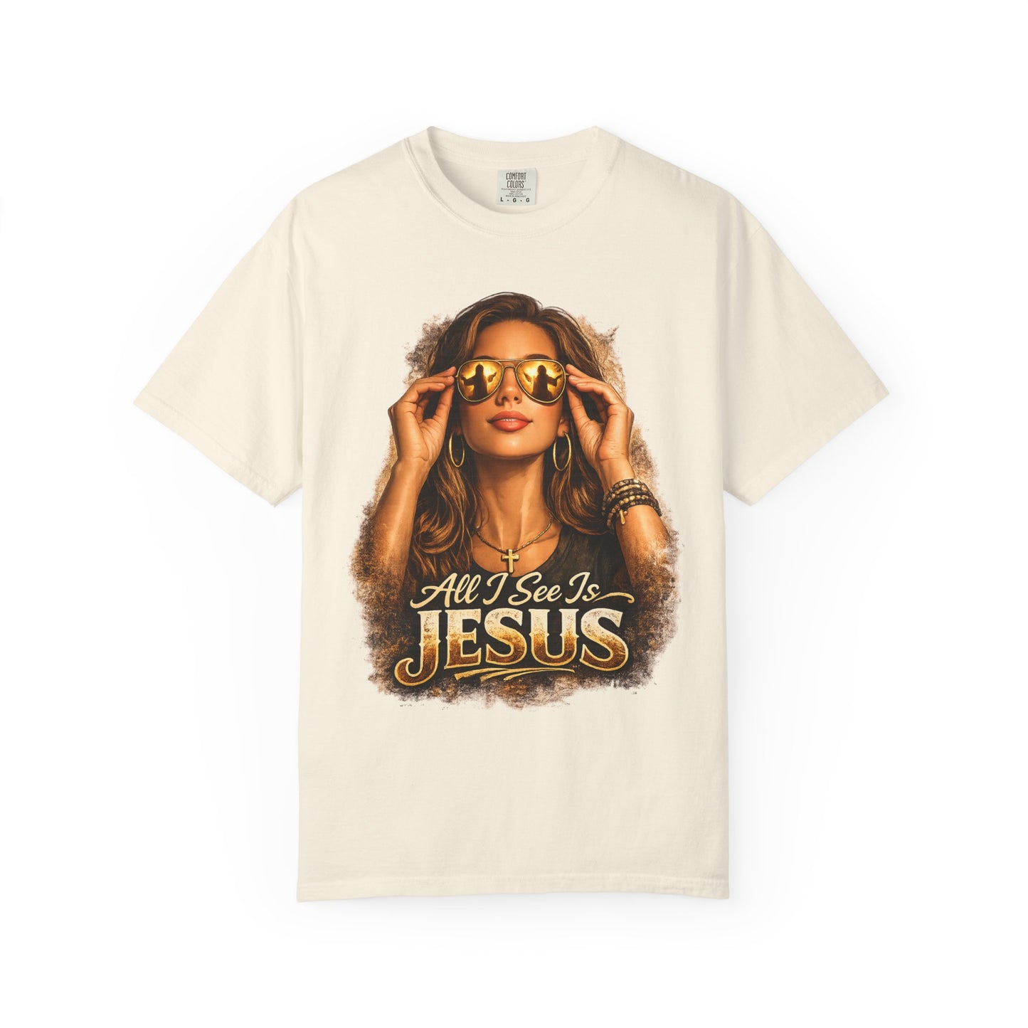 All I See Is Jesus T-Shirt — Faith Graphic Tee with Sunglasses Woman