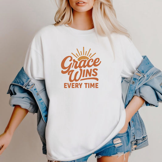 -Grace Wins Every Time Inspirational T-Shirt