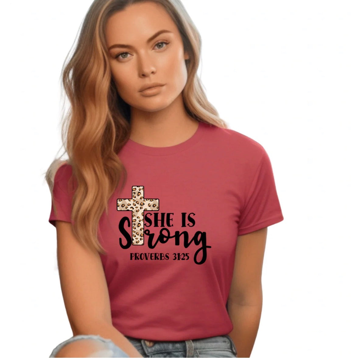 She Is Strong Proverbs 31:25 Leopard Cross Tee