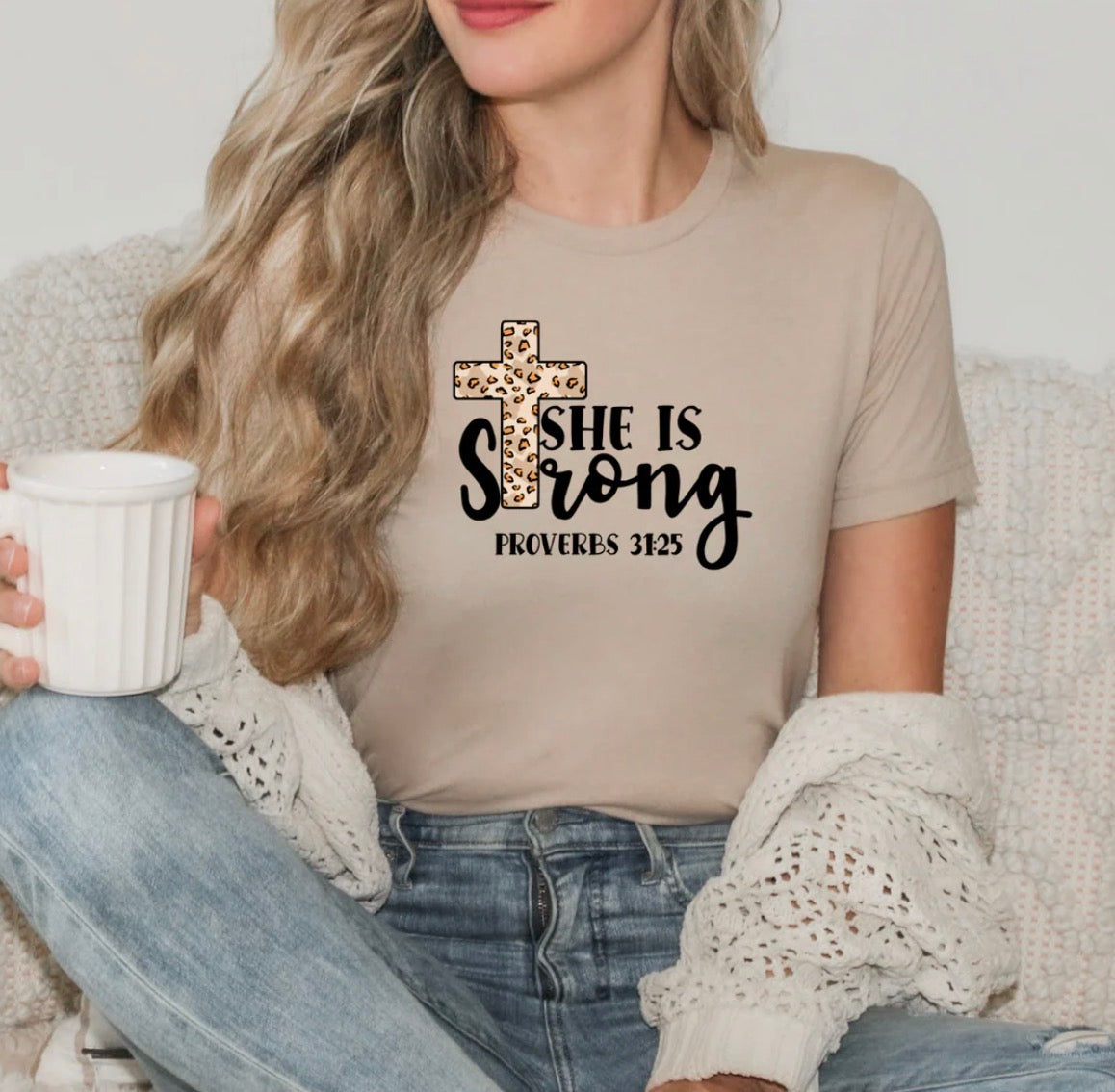 She Is Strong Proverbs 31:25 Leopard Cross Tee