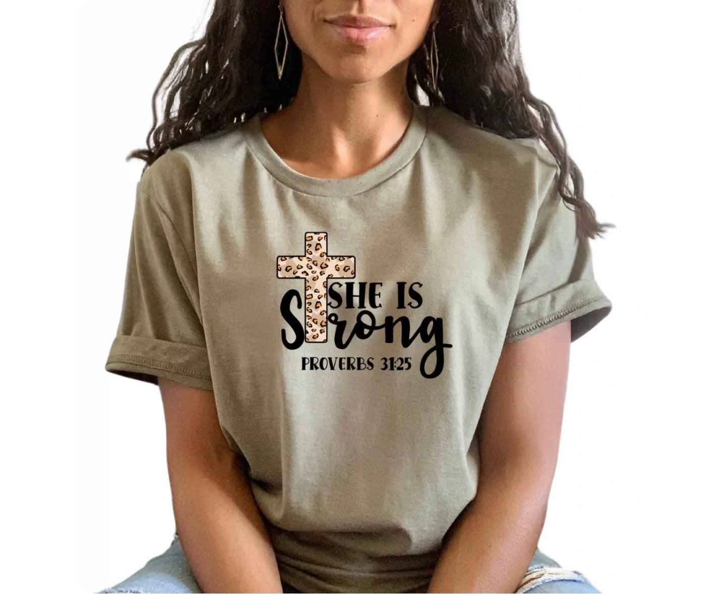She Is Strong Proverbs 31:25 Leopard Cross Tee