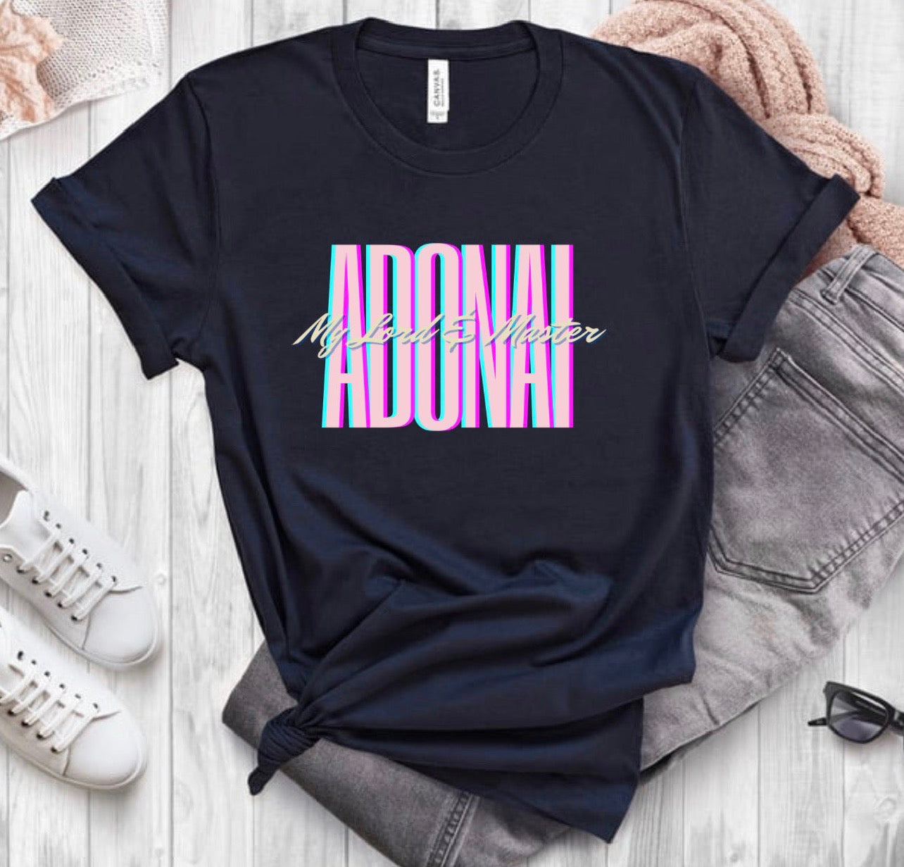 Adonai Retro Pastel Tee — "Adonai" Script Graphic T-Shirt