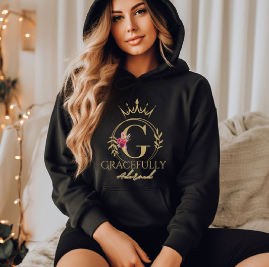 Gracefully Adored Crown Hoodie — Feminine Floral Logo Pullover