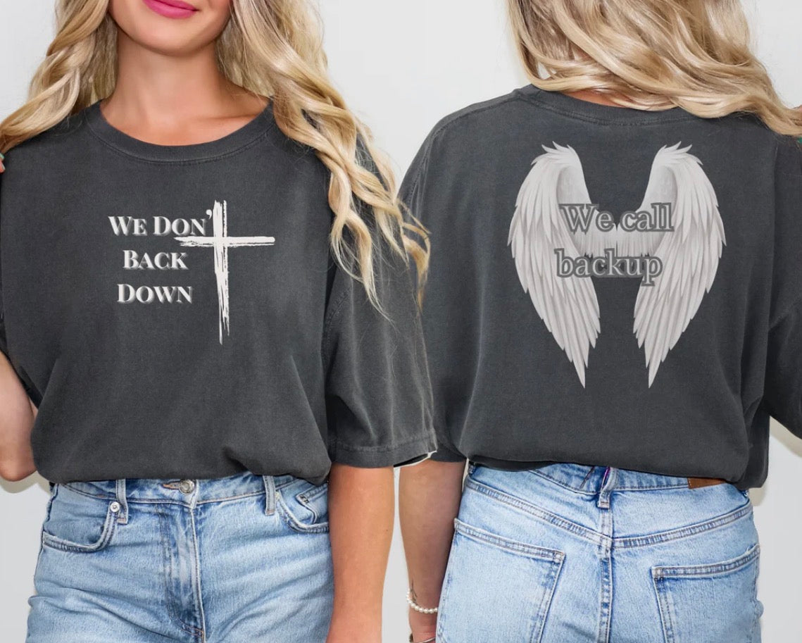 Christian Cross T-Shirt — "We Don't Back Down" with Angel Wings (Faith & Inspiration)