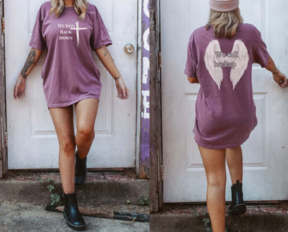 Christian Cross T-Shirt — "We Don't Back Down" with Angel Wings (Faith & Inspiration)