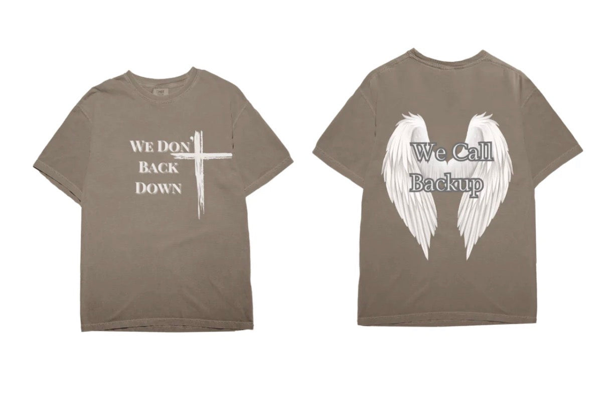 Christian Cross T-Shirt — "We Don't Back Down" with Angel Wings (Faith & Inspiration)