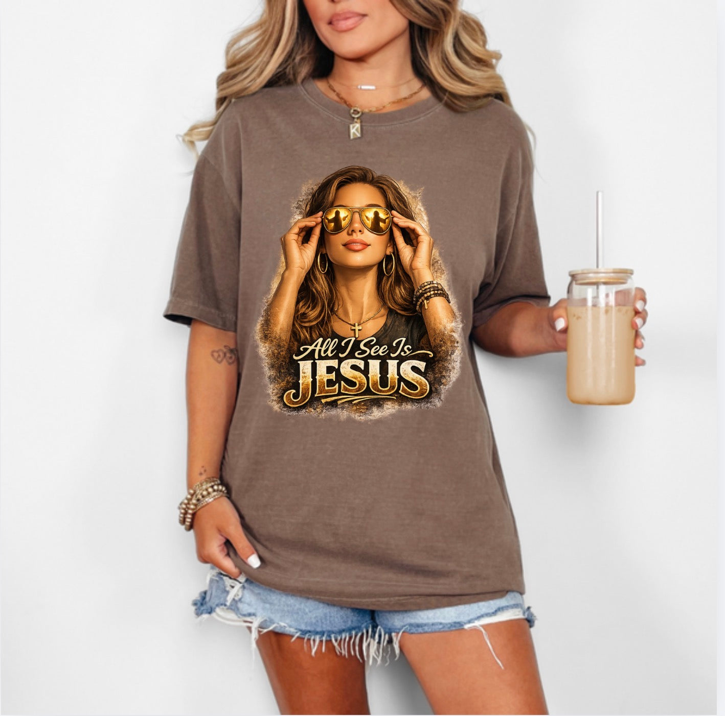 All I See Is Jesus T-Shirt — Faith Graphic Tee with Sunglasses Woman
