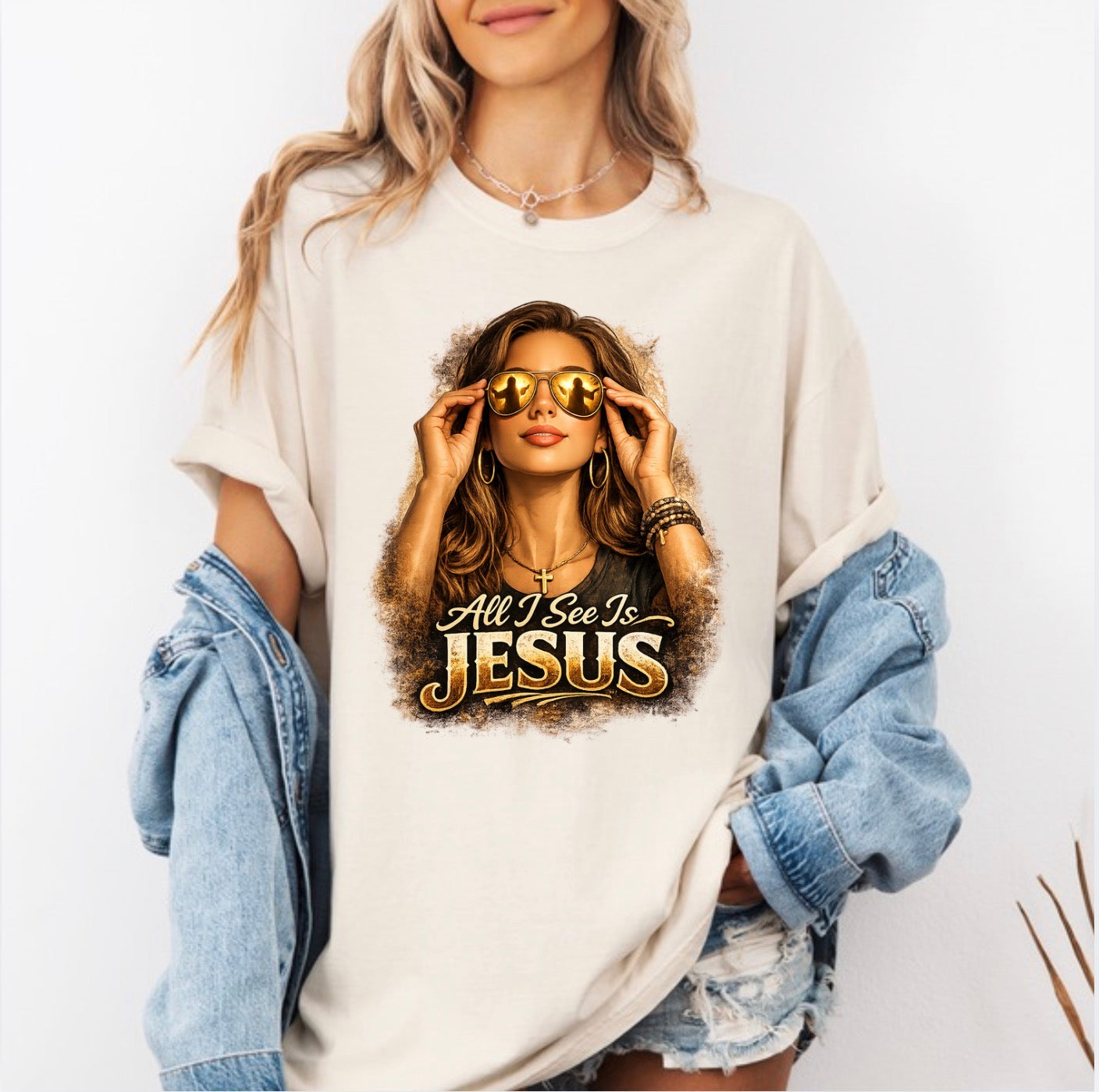 All I See Is Jesus T-Shirt — Faith Graphic Tee with Sunglasses Woman
