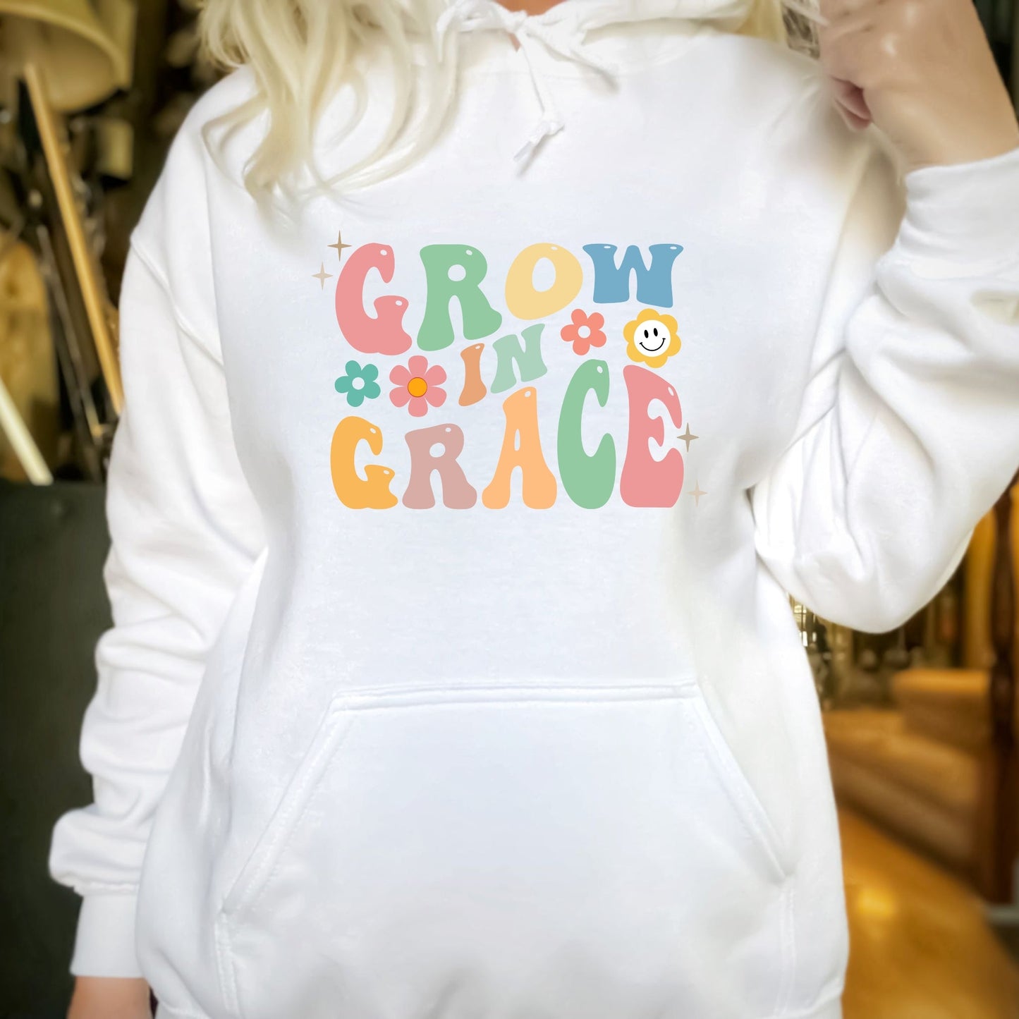 Grow in Grace Hoodie — Retro Floral Inspirational Pullover