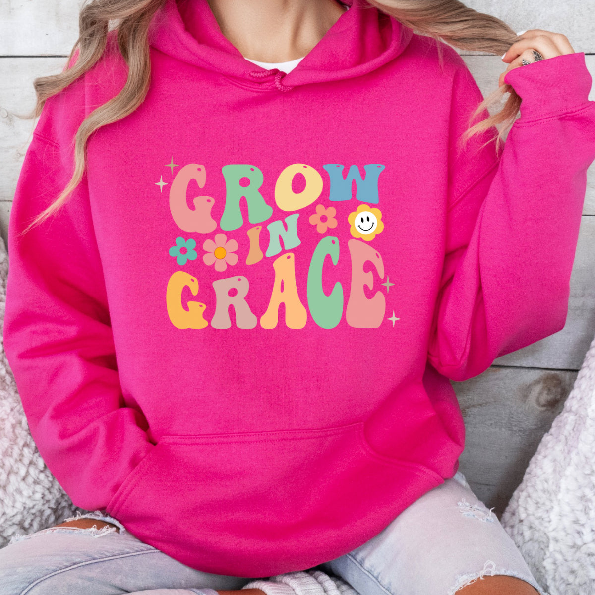 Grow in Grace Hoodie — Retro Floral Inspirational Pullover