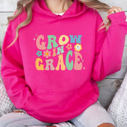 Grow in Grace Hoodie — Retro Floral Inspirational Pullover