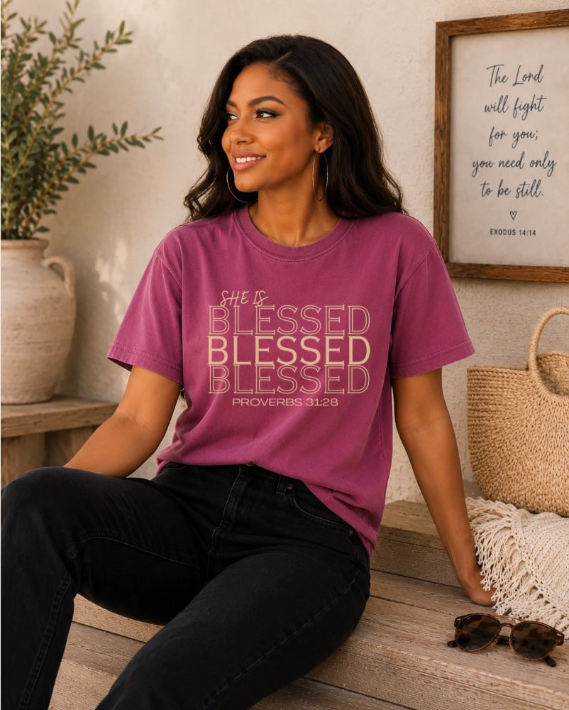 She is Blessed T‑Shirt — "Blessed" Script with Proverbs 31:28 | Christian Graphic Tee