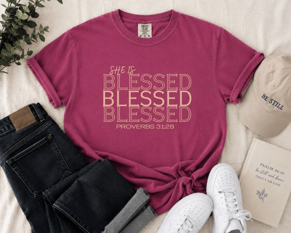 She is Blessed T‑Shirt — "Blessed" Script with Proverbs 31:28 | Christian Graphic Tee