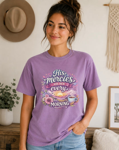 T-Shirt | "His Mercies Are New Every Morning" Christian Sunrise Tee — Sunflowers & Coffee Morning Scripture Shirt