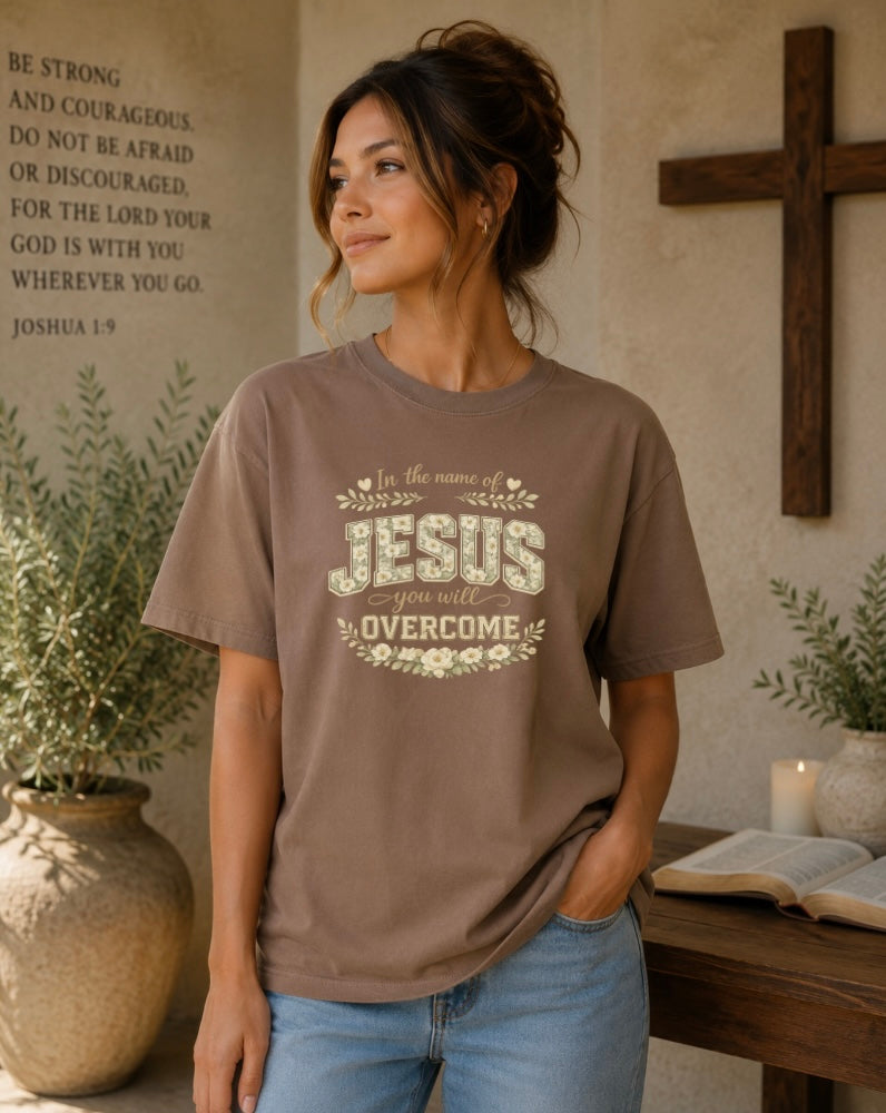 In the name of Jesus You Will Overcome T-Shirt – Floral Christian Faith Tee