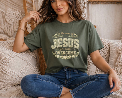 In the name of Jesus You Will Overcome T-Shirt – Floral Christian Faith Tee