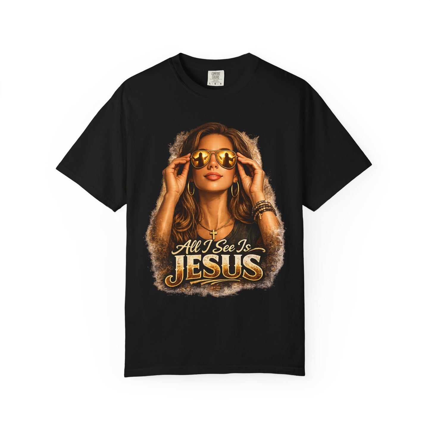 All I See Is Jesus T-Shirt — Faith Graphic Tee with Sunglasses Woman
