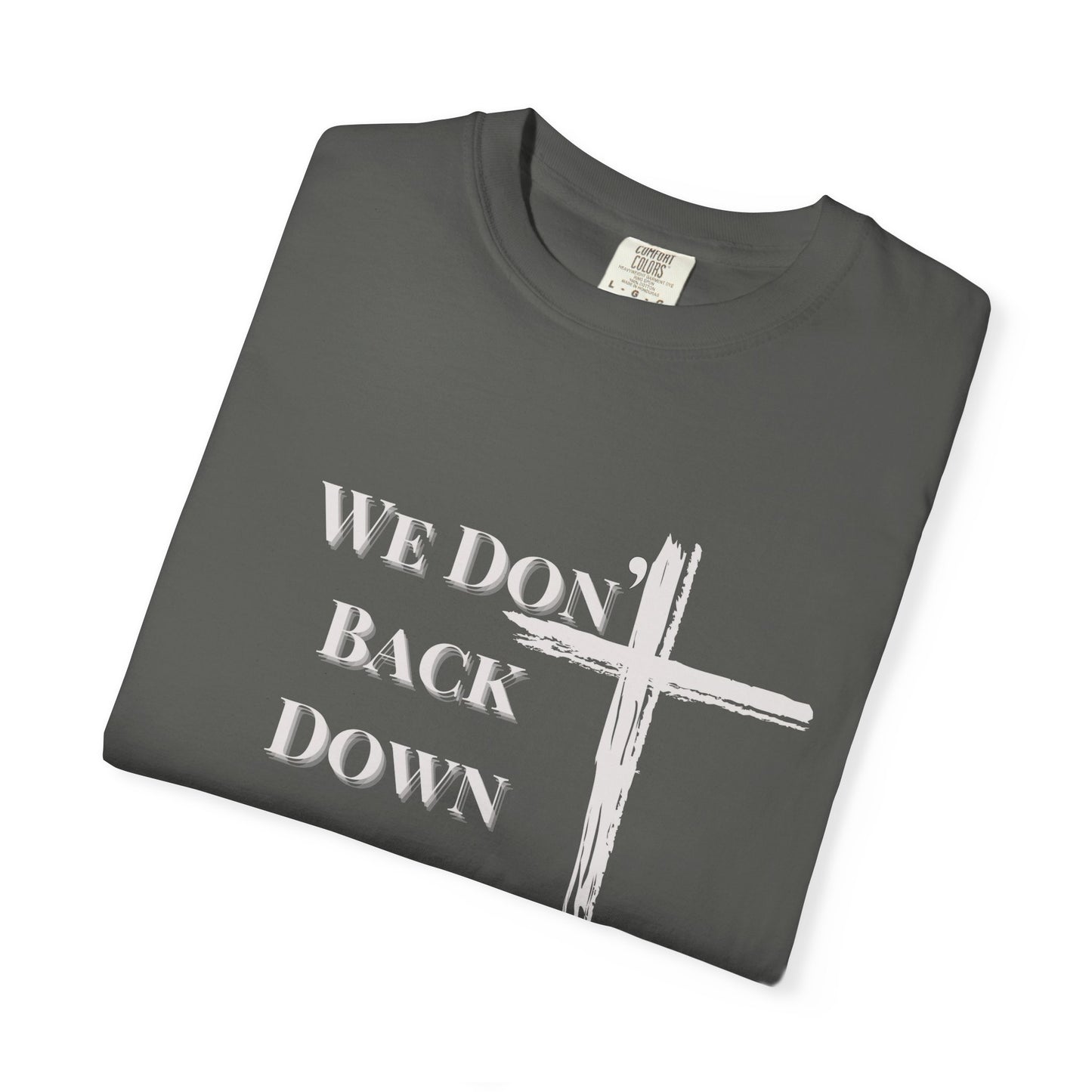 Christian Cross T-Shirt — "We Don't Back Down" with Angel Wings (Faith & Inspiration)