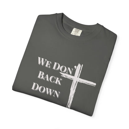 Christian Cross T-Shirt — "We Don't Back Down" with Angel Wings (Faith & Inspiration)