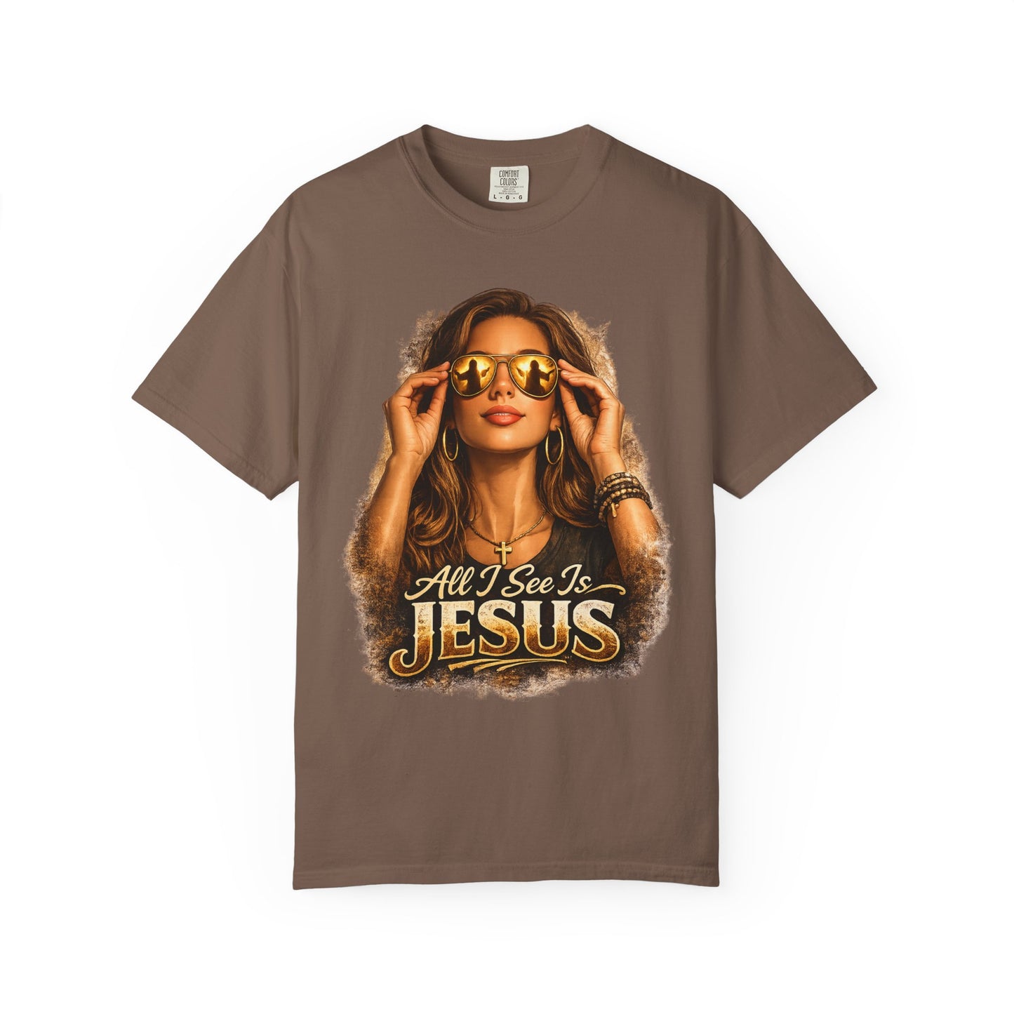 All I See Is Jesus T-Shirt — Faith Graphic Tee with Sunglasses Woman