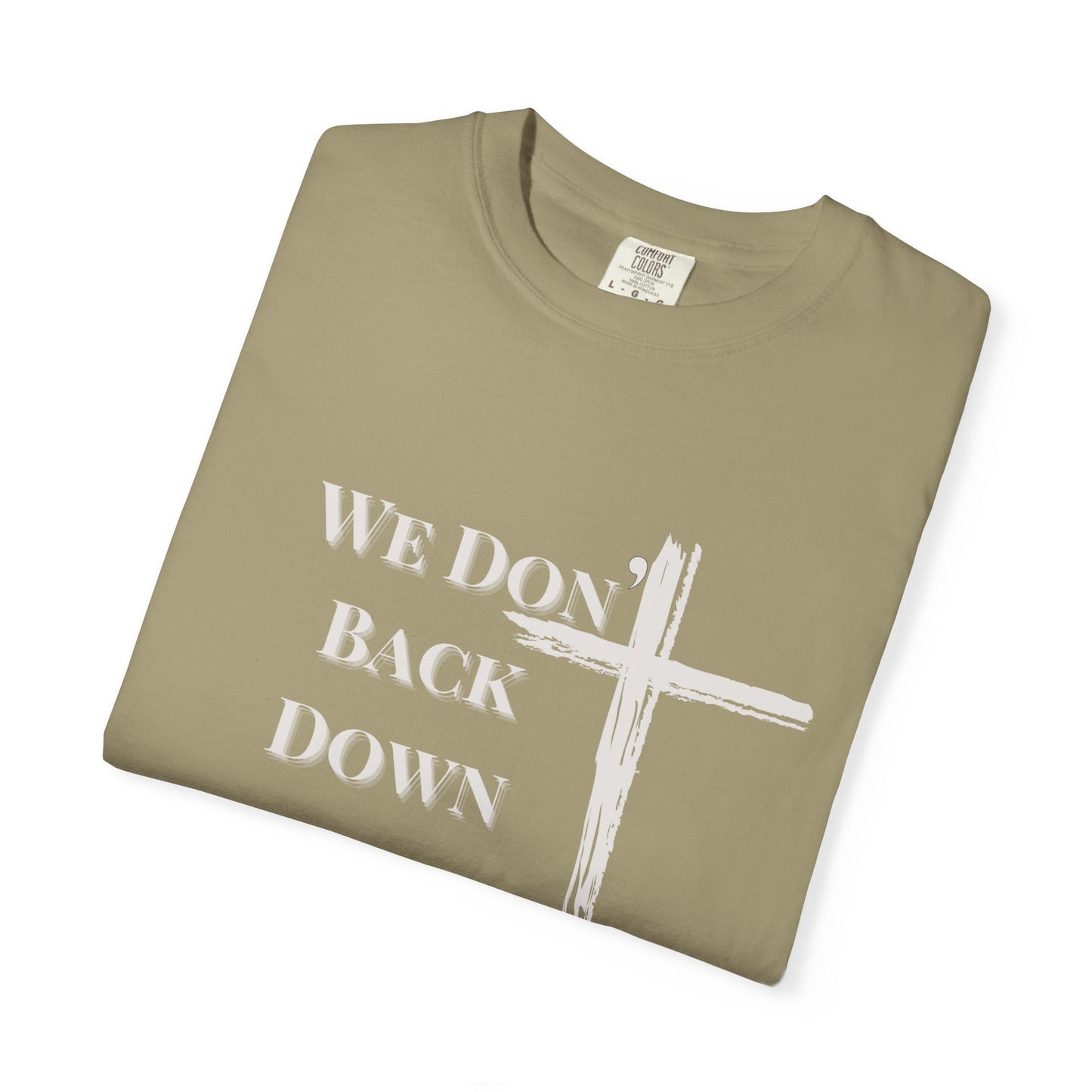 Christian Cross T-Shirt — "We Don't Back Down" with Angel Wings (Faith & Inspiration)