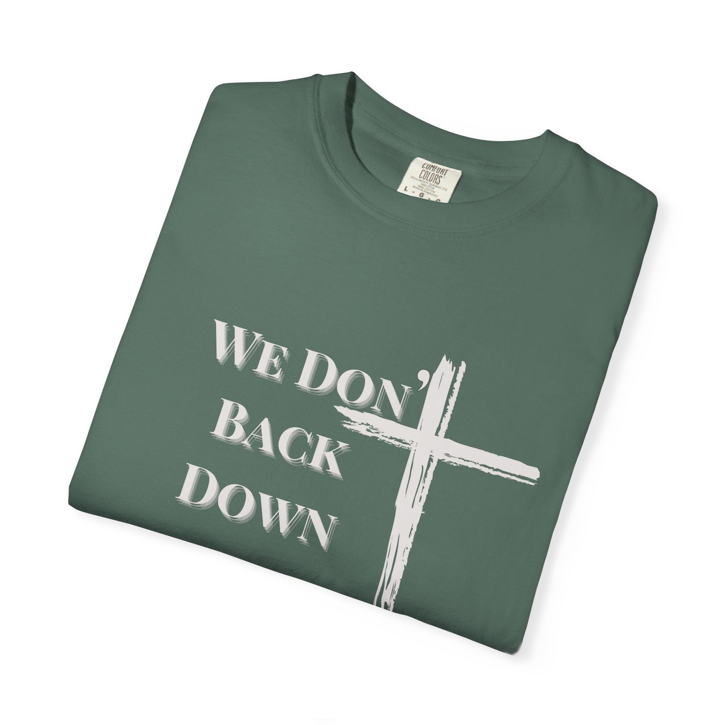 Christian Cross T-Shirt — "We Don't Back Down" with Angel Wings (Faith & Inspiration)