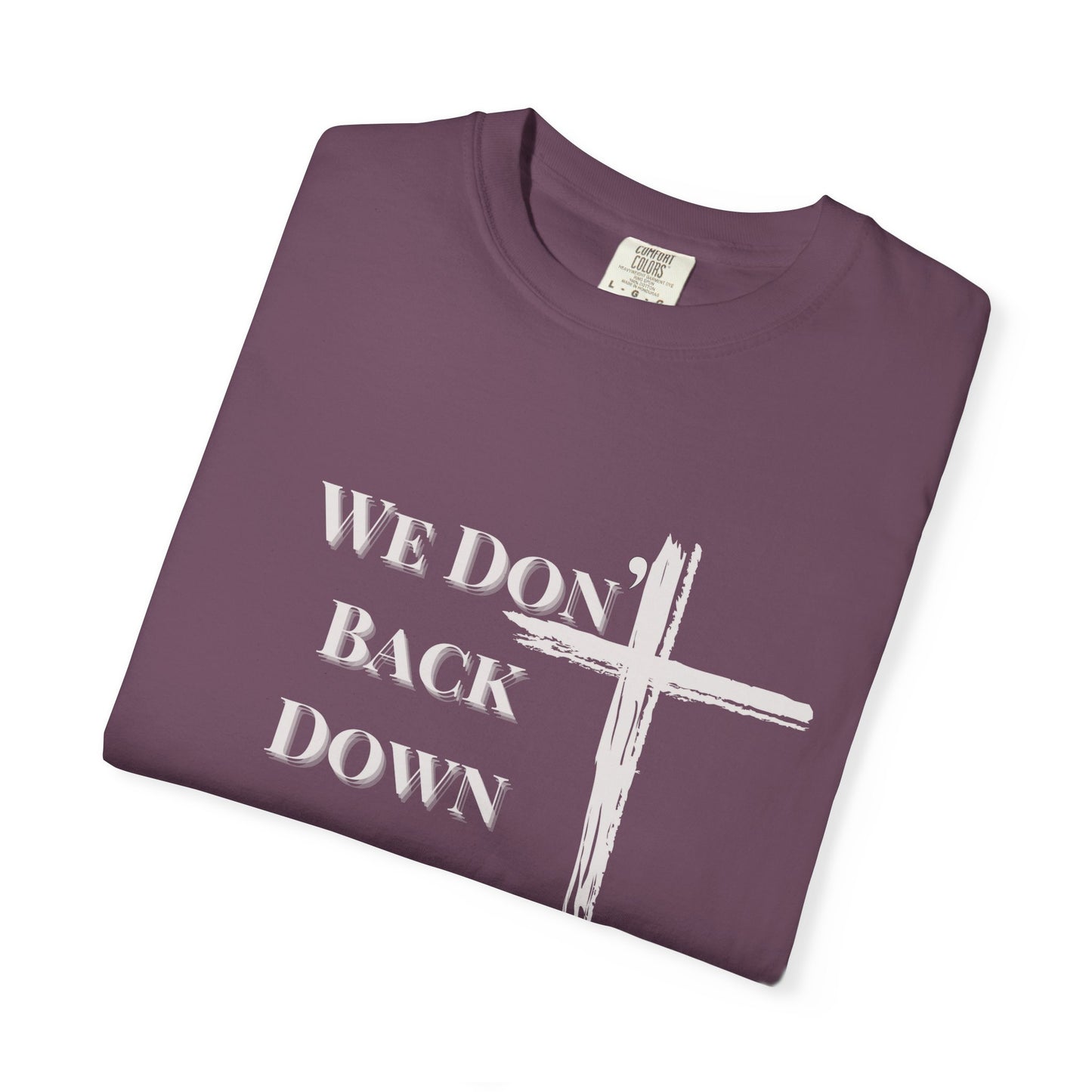 Christian Cross T-Shirt — "We Don't Back Down" with Angel Wings (Faith & Inspiration)