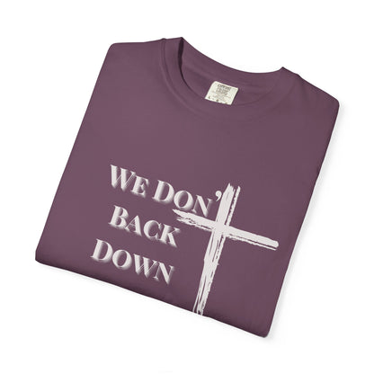Christian Cross T-Shirt — "We Don't Back Down" with Angel Wings (Faith & Inspiration)