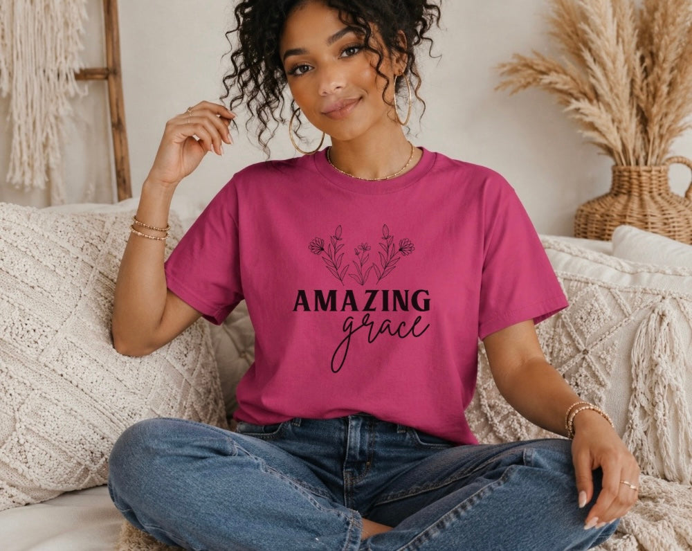 Amazing Grace T-Shirt — Floral Script Christian Tee